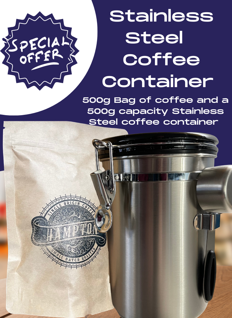 Stainless Steel Airtight Coffee Container 500g Capacity plus 500g bag of coffee